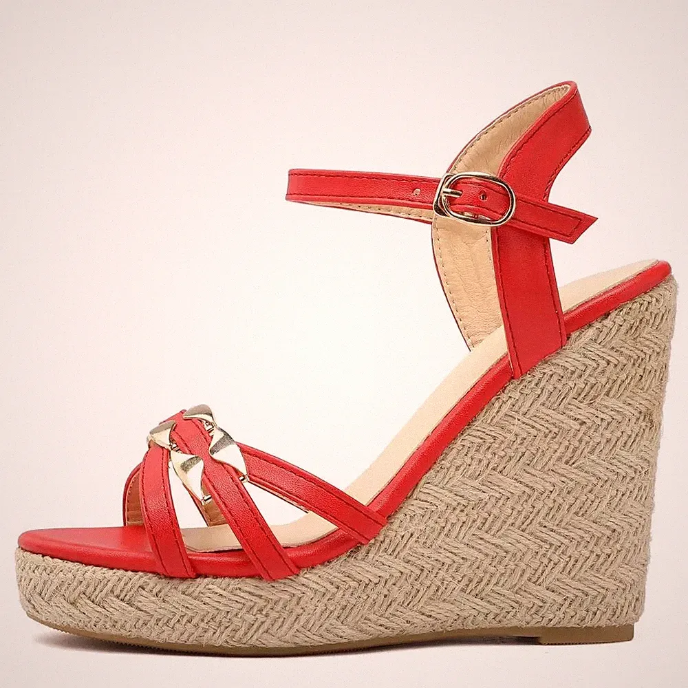 Sandalen Frau Keilabsätze Seil Rot Kette Gold Elegant Absatz 11,5 CM CF12X7A