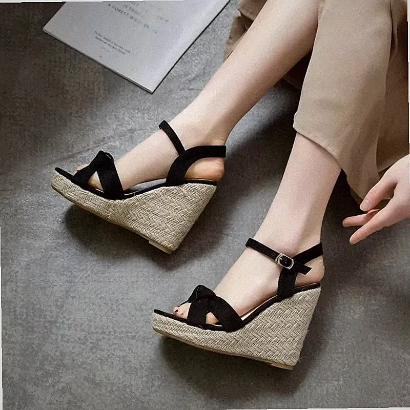 Sandalen Frau Keilabsätze Seil Schwarz IN Strick Knoten Elegant Absatz 11 CM