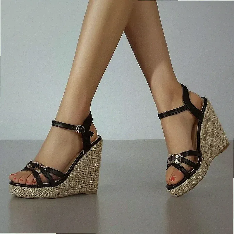 Sandalen Frau Keilabsätze Seil Schwarz Kette Gold Elegant Absatz 11,5 CM CF12X7A