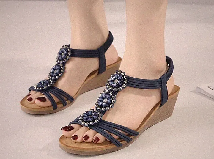 Sandalen Frau Niedrig Elegant Marineblau Keilabsatz Komfortabel Leder Kunststoff