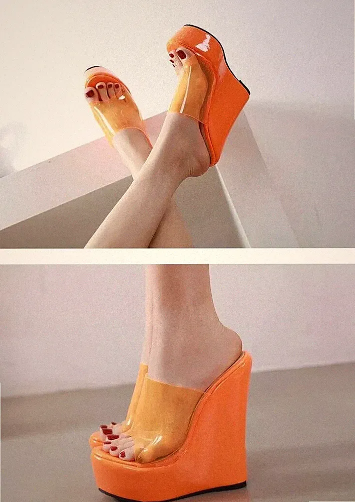 Sandalen Holzschuhe Hausschuhe Keilabsätze 16 CM Orange Plarform Leder Synthetik