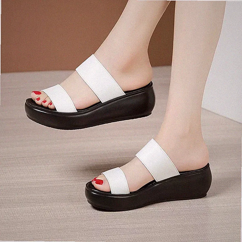 Sandalen Holzschuhe Hausschuhe Keilabsätze Platform 6 CM Weiß Licht Leder 2586