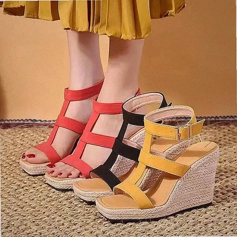 Sandalen Keilabsätze Seil Gelb Senf T-Bar Elegant Sommer Absatz 12 CM CF10X3B