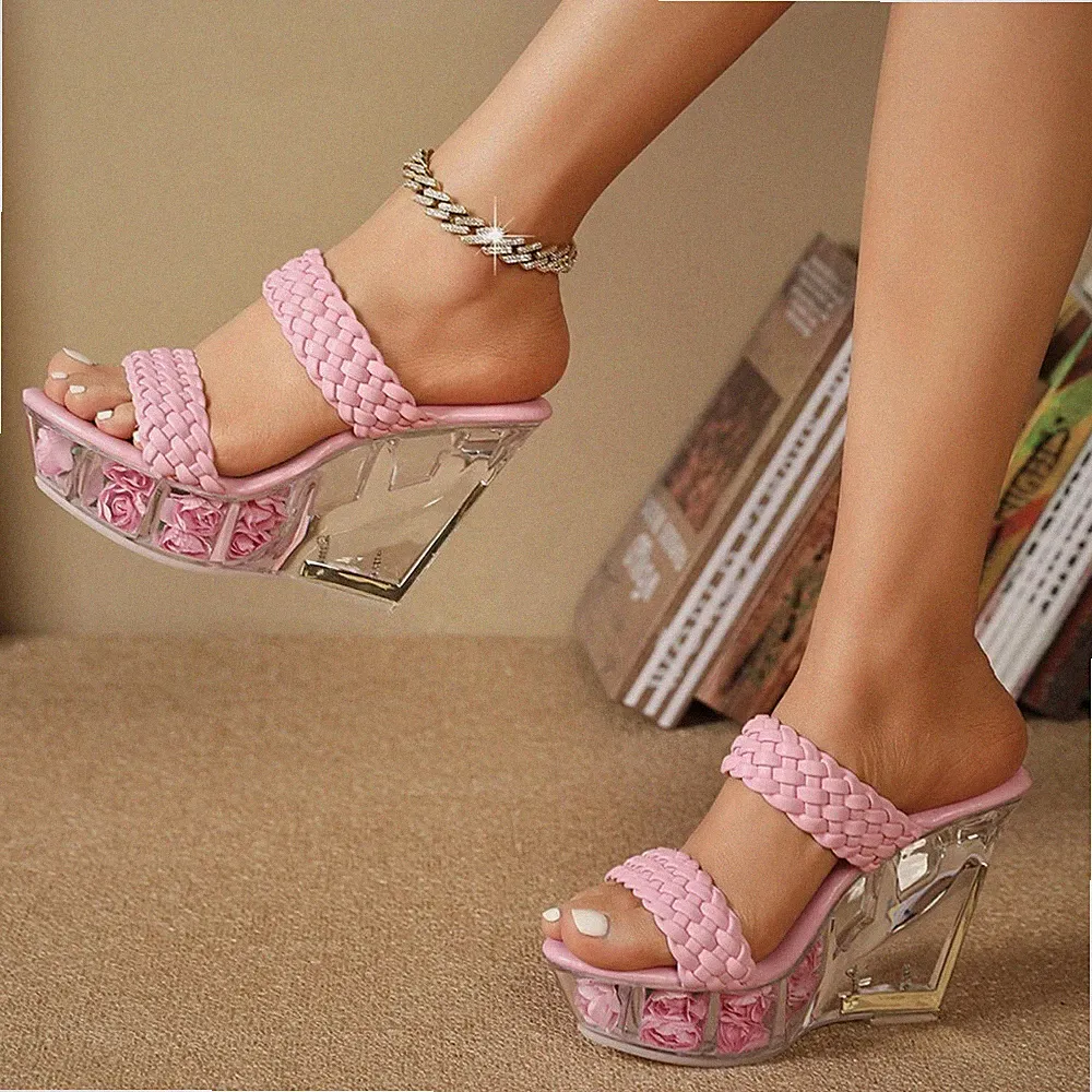 Sandalen Keilabsatz 10 cm Sabot Plateau Rosa Transparent Kunstleder 74320