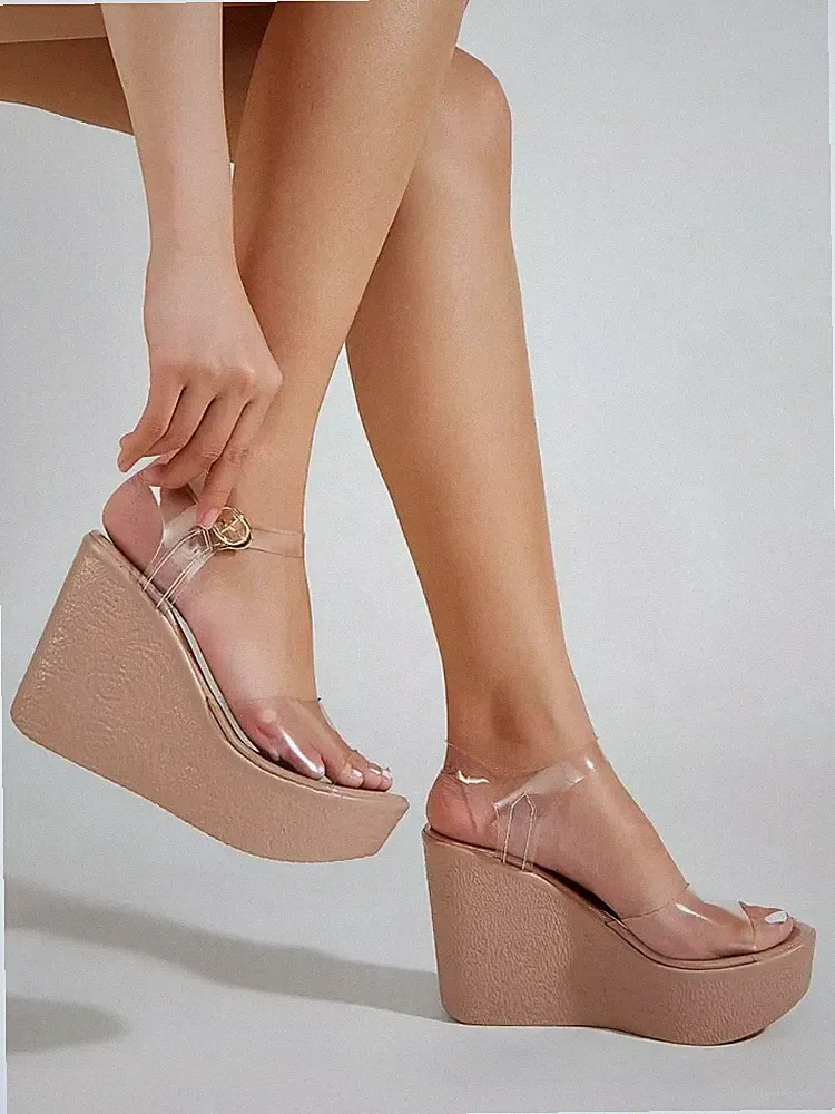 Sandalen Keilabsatz 14 cm Plateau beige transparent Kunstleder 426125