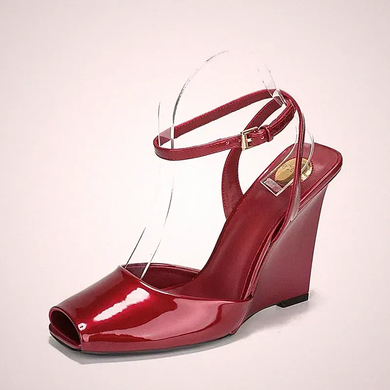 Sandalen Keilabsatz Absatz 10 Cm Weinrot Lack Elegant Damen CF68108