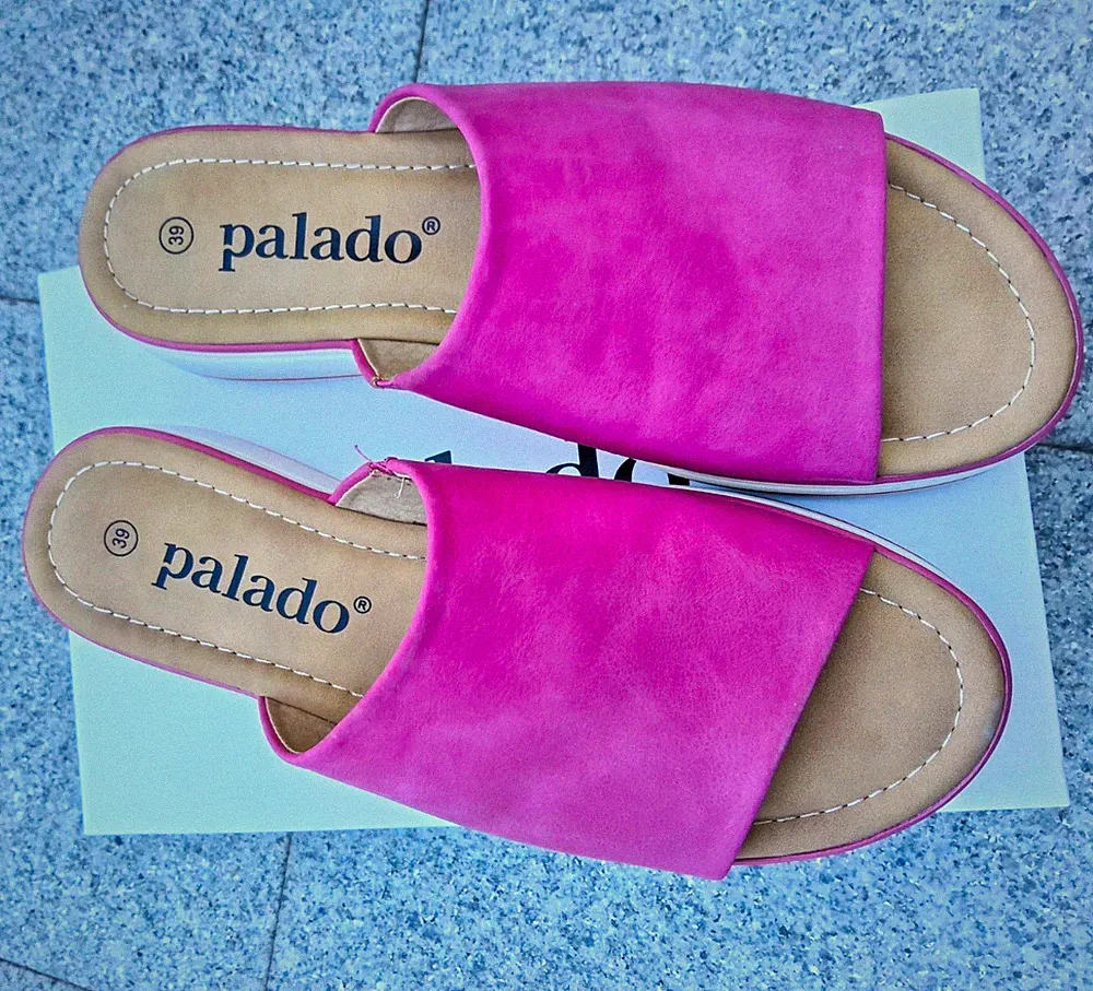 Sandalen Mules Damen, EU 38/39 Palado, Pink / Weiss Keilabsatz Kunstleder, neu