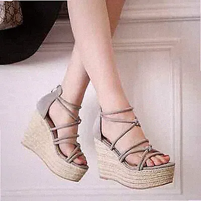 Sandalen Pantoletten Kunstleder Sabot Kordel Keilabsatz 12 cm grau bequem 8037