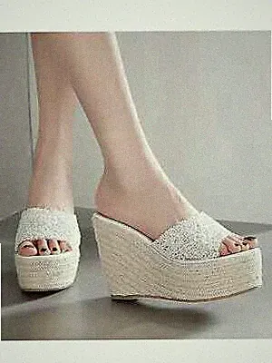 Sandalen Pantoletten weiß Kunstleder Sabot Kordel Keilabsatz 12 cm Meer bequem 8013