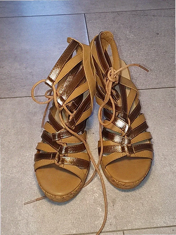Sandalen Plateau Wedges Keilabsatz Kork Gr.36 Damen gold braun