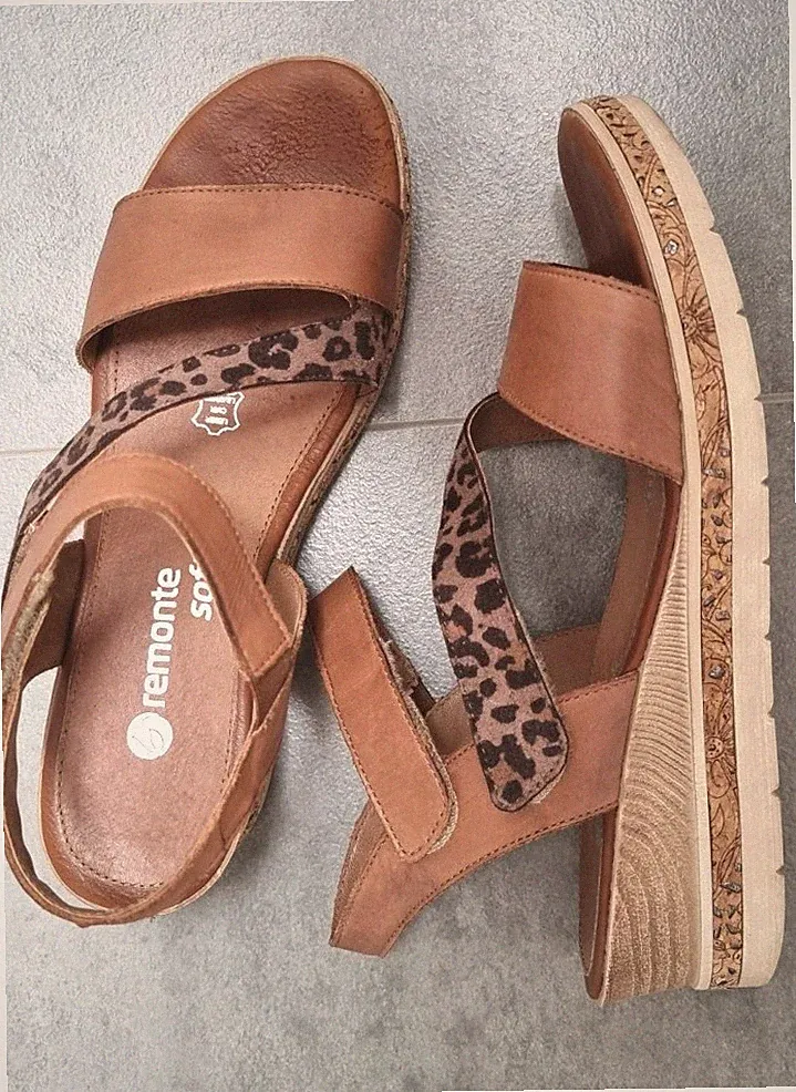 Sandalen Remonte Gr.40 Braun/Leo, Leder, Klettverschluss, Wie Neu