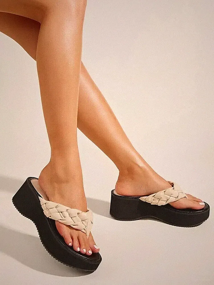Sandalen Sabot Ciabatte Keilabsatz 7 cm Beige Schwarz CZ176 Kunstleder