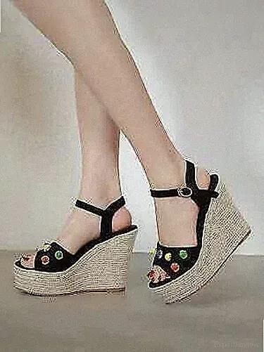 Sandalen Sabots Schwarz Kunstleder Kordel Keil 12 cm Absatz 8009 Damen