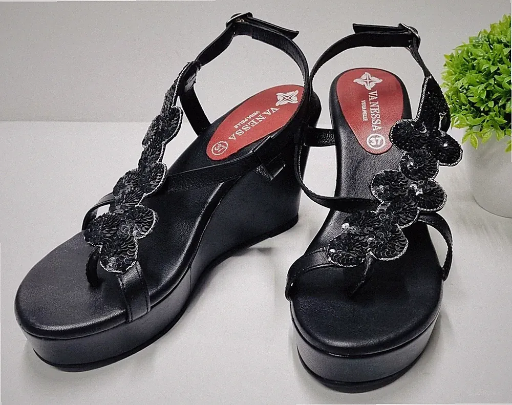 Sandalen Sommer Leder Schuhe Damen Schwarz Platteu Absatz Größe 36-38