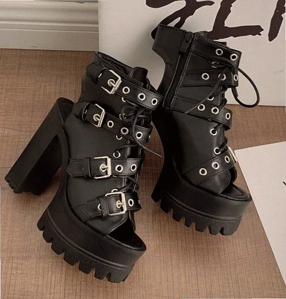 Sandalen Stiefel Sommer Absatz Plattform 15 CM Schwarz Kunstleder Keil 9716