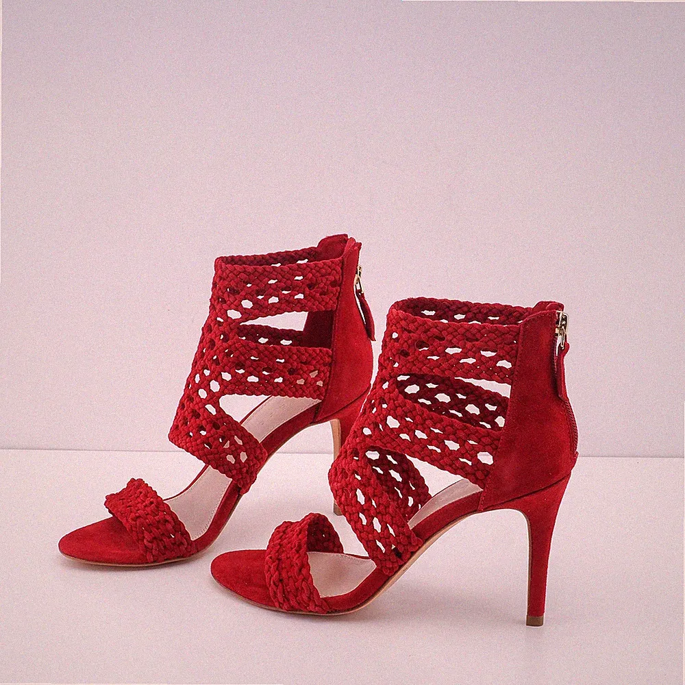 Sandro Paris Leder Sandalen Stilettoabsatz Riemchen Bootie rot 37 CH1171E