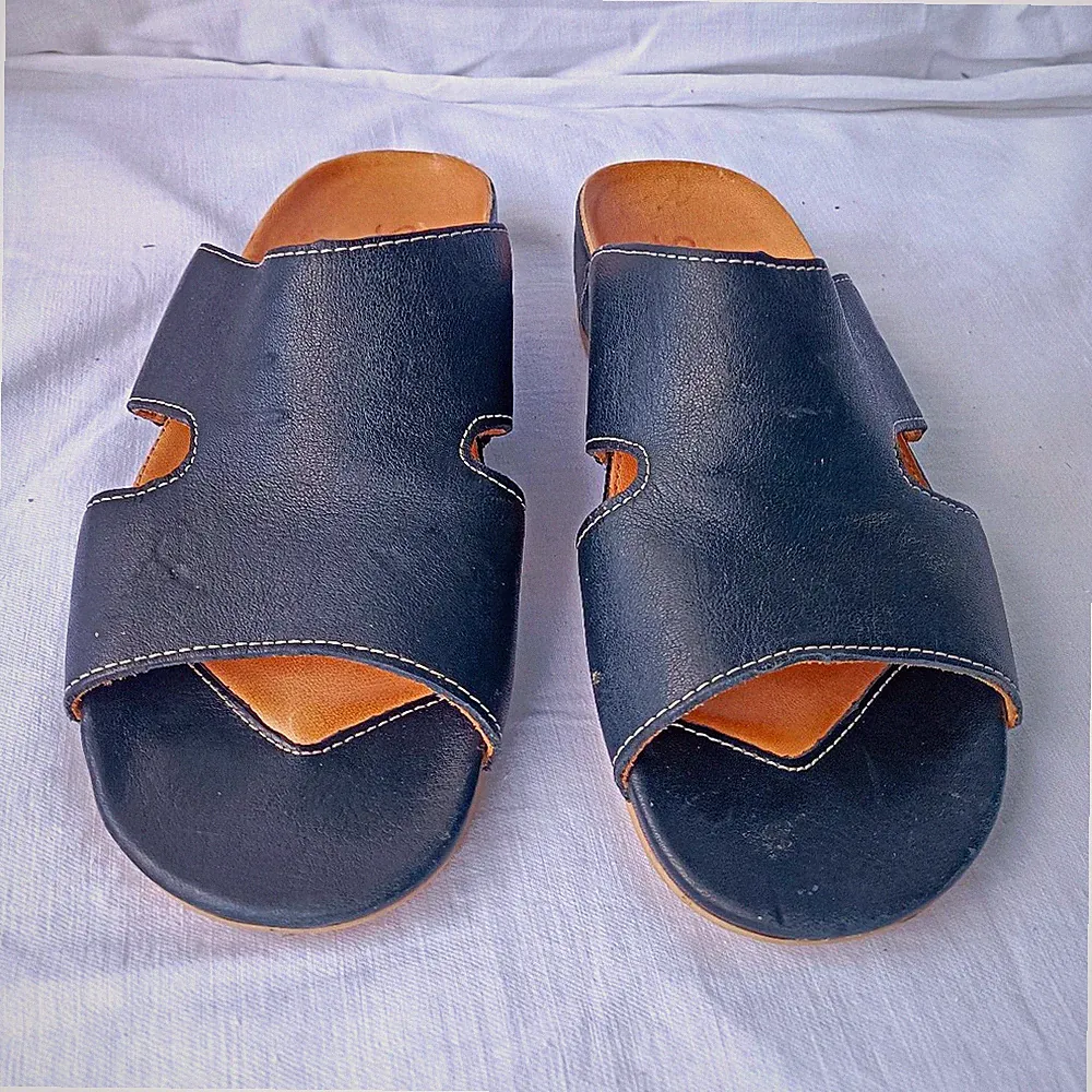SaNeBa Damen Mules Sandalen Leder blau Slip-On Keilabsatz niedrig Gr 36