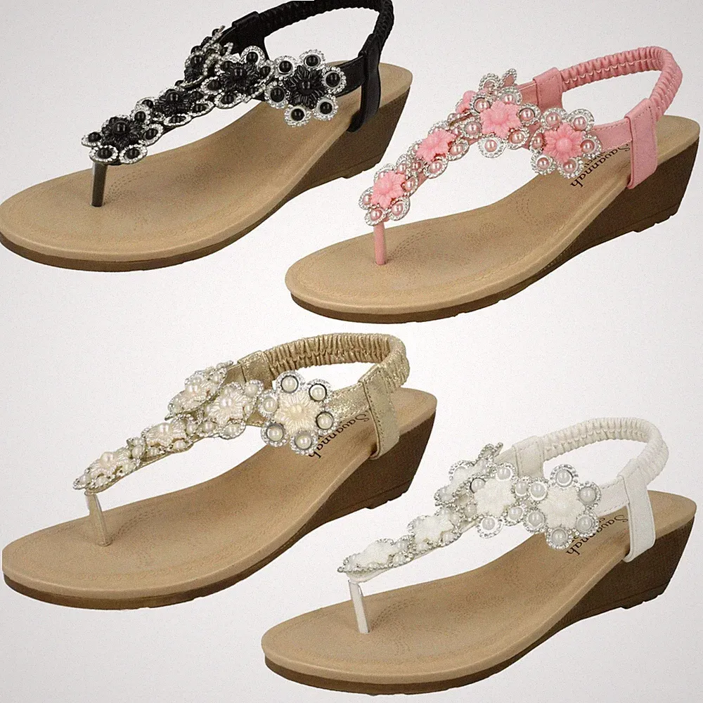 Savannah Damen Sandalen Mit Absatz Keil Absatzspitze Blumenbesatz T-Riemen