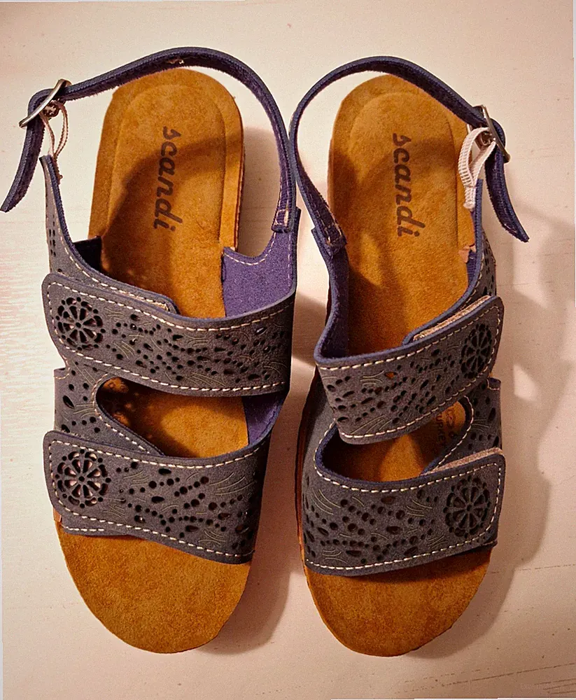 Scandi Damen Sandalen Blau Riemchen Keilabsatz Schnalle EU 38 Cut-Outs