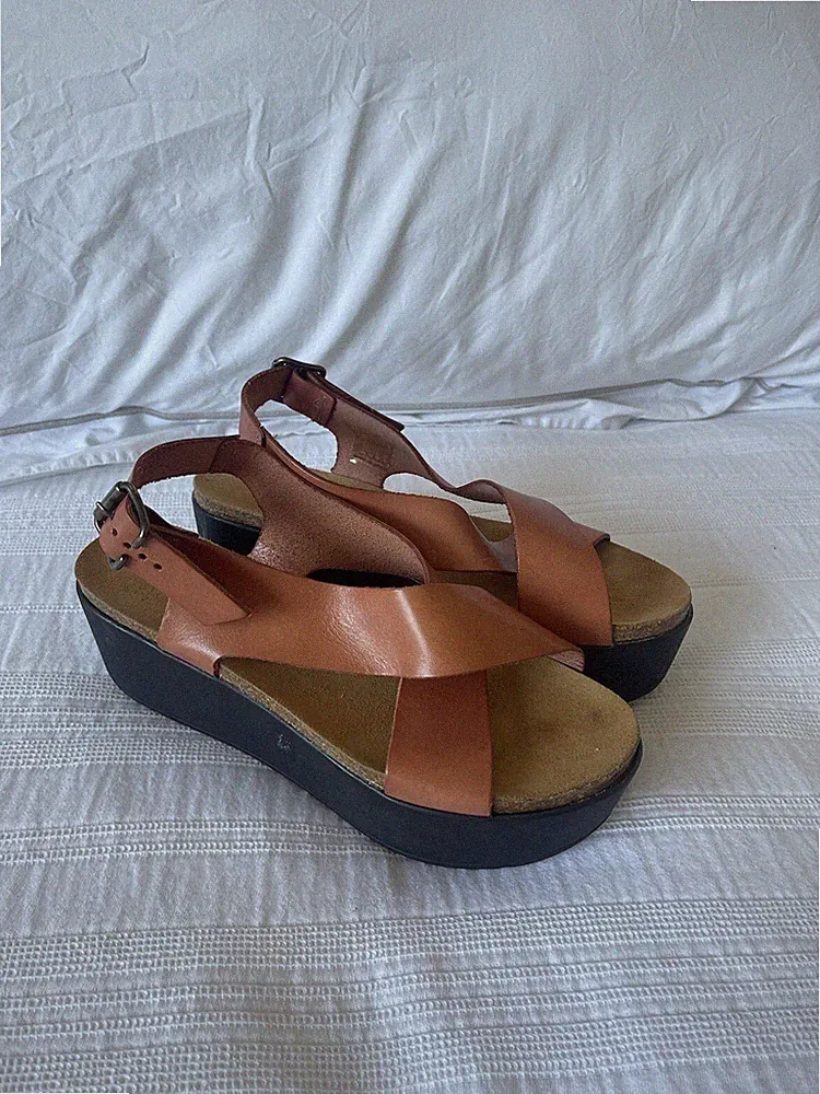 Schöne Plankton Sandalen hellbraun orange Leder Plateau Keilabsatz Gr. 37 UK 4