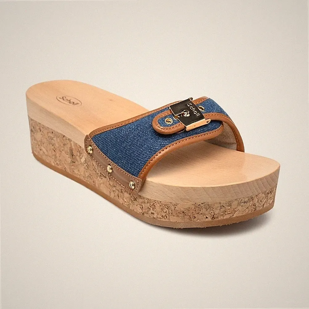 Scholl Damen Holzsandalen Keilabsatz Textil Blau Braun Beige EU 38,5 Schnalle