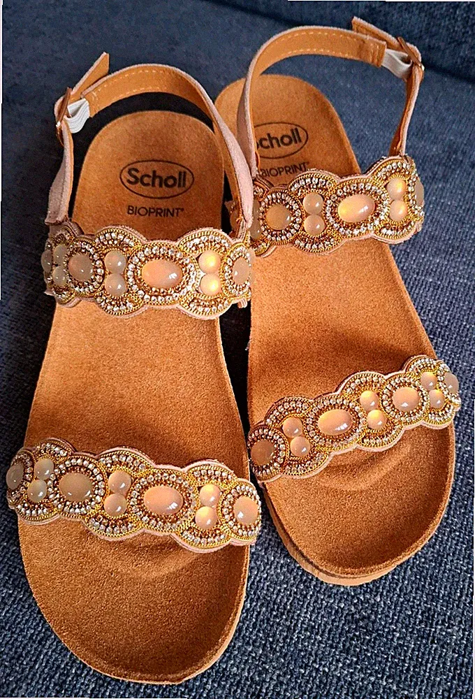 Scholl Damen Sandalen, Keilabsatz Leder, Strass Beige/Gold 38, neu!