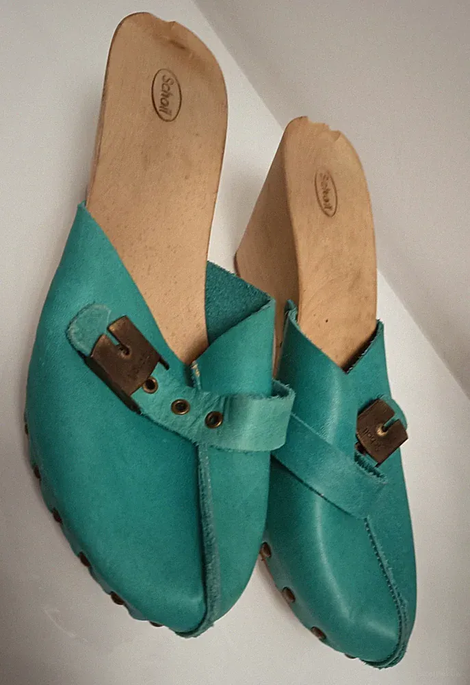 Scholl Holzclogs Keilabsatz Gr. 41 Türkis Leder Vintage Clogs Mules