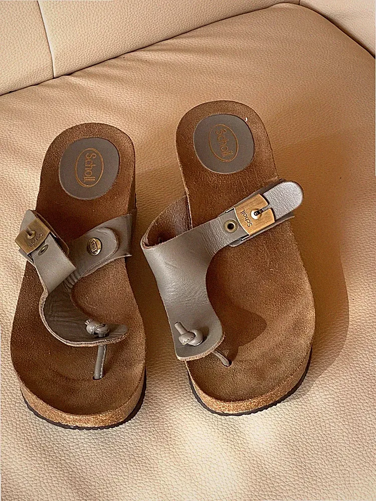 Scholl Kork-Sandalette Zehentrenner, Gr. 42 Beige, Leder Kork, 6,5cm Keilabsatz