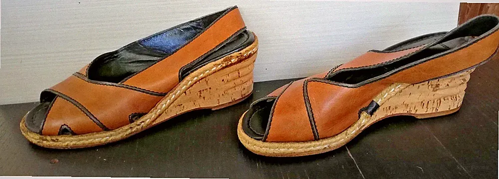 Schuhe Damen Sandale 70er Keilabsatz Kork braun vintage Jute italy vintage 40