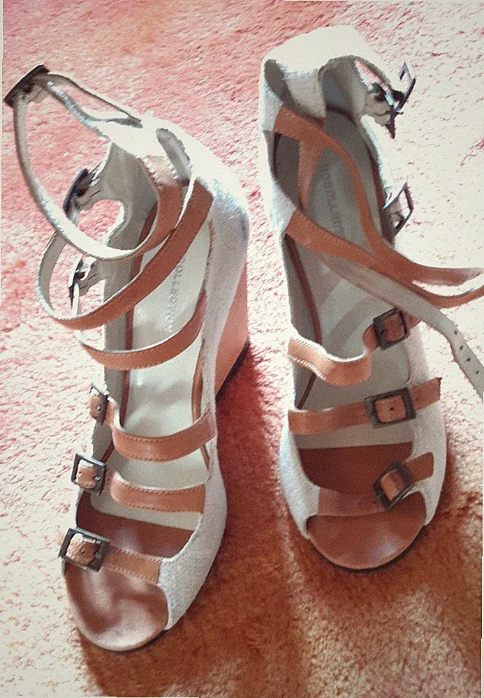 Schuhe Keilabsatz Sexy Riemchen Nocollection Gr. 39 Leinen beige + Leder braun