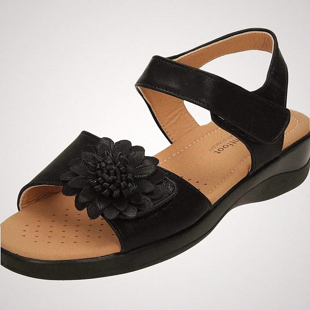 Schwarze bequeme Sandalen offene Zehenpartie Blumen niedriger Keilabsatz Schuh Fersenriemen UK 4