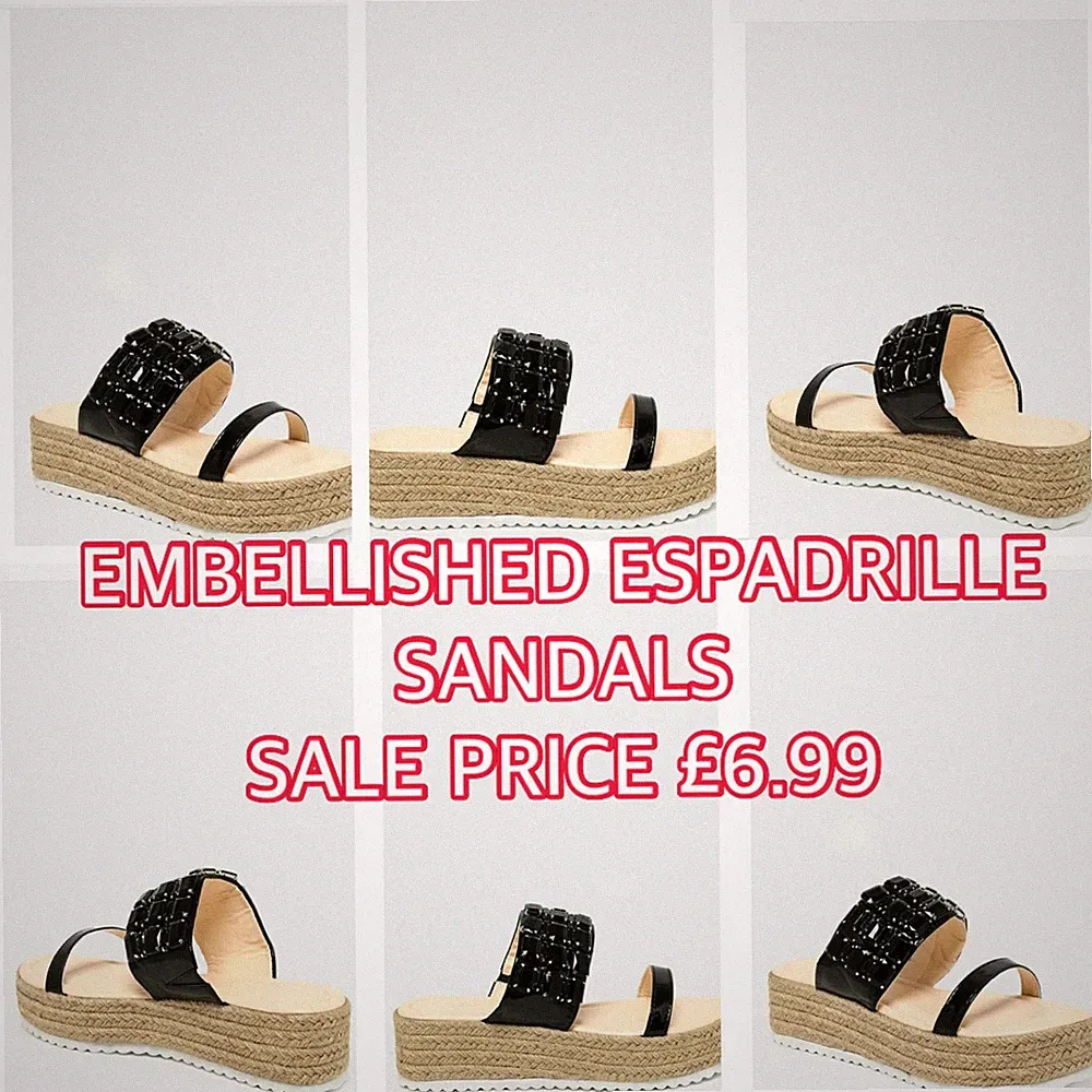 SCHWARZE DAMEN GRÖSSE 4 GROSSE SCHMUCK VERZIERTE RIEMEN ESPADRILLE KEILABSATZ SANDALEN