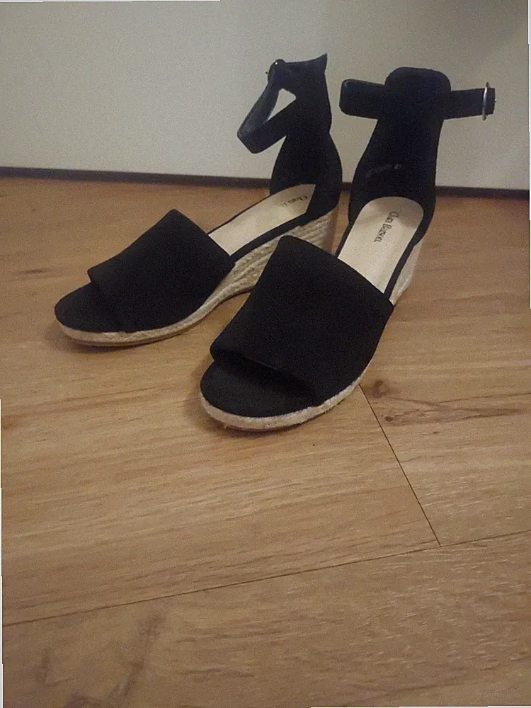 Schwarze Schuhe,Frauen,Cord Absatz,Offen,Gr.41,Keilabsatz,7,5cm,Riemchen,Gold
