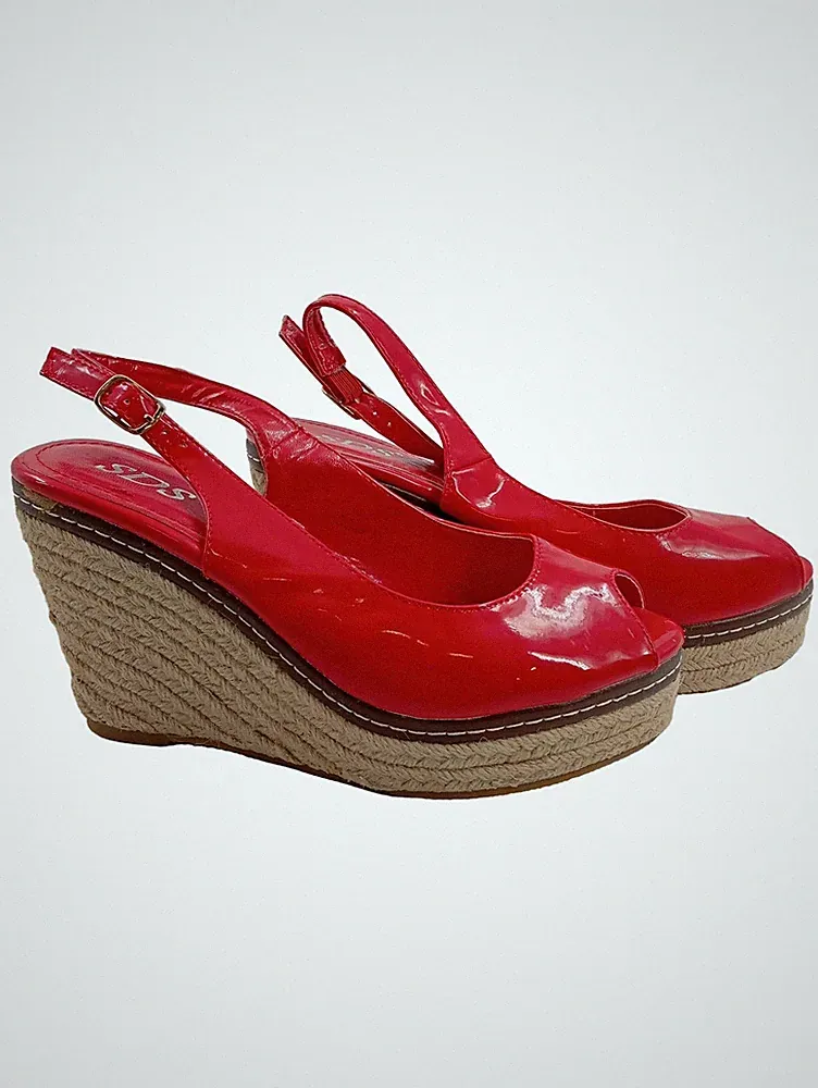 SDS Damen Keilabsatz Sandaletten Rot Gr. 38 Peeptoe Espadrilles Lack