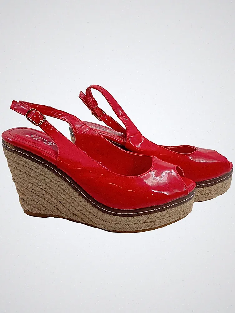 SDS Damen Keilabsatz Sandaletten Rot Gr. 38 Peeptoe Espadrilles Lack