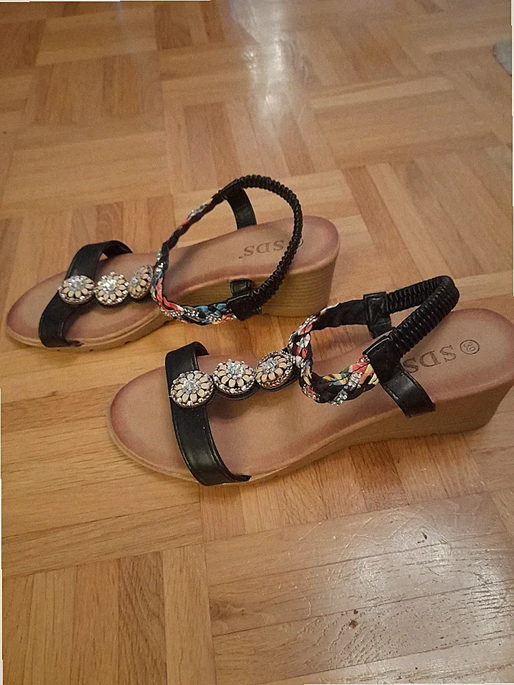 SDS Riemchen Sandalen Glitzer 39 schwarz bunt Keilabsatz Fast neu!
