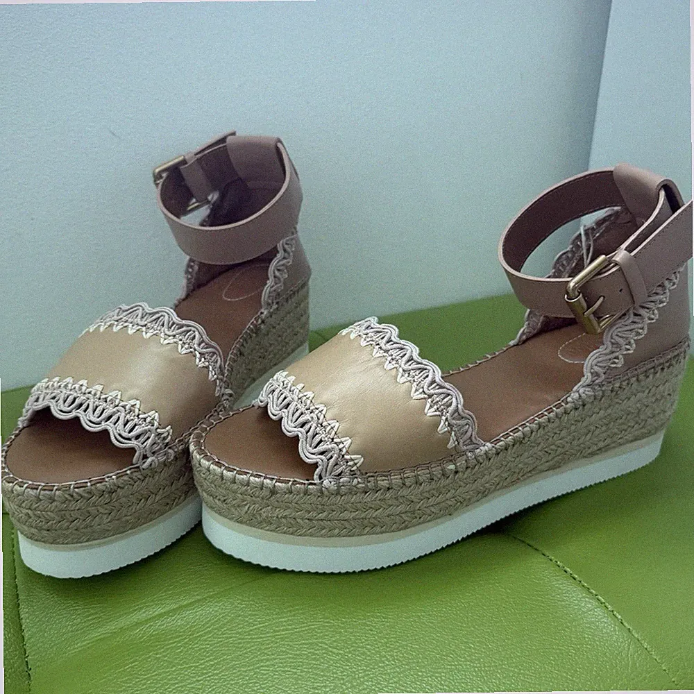 See By Chloé Damen Sandalen Keilabsatz Plateau Beige Bast Schnalle EU 40
