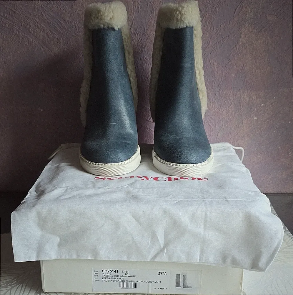 See By Chloé Damen Stiefeletten EU 37,5 blau Leder Lammfell Keilabsatz SB25141