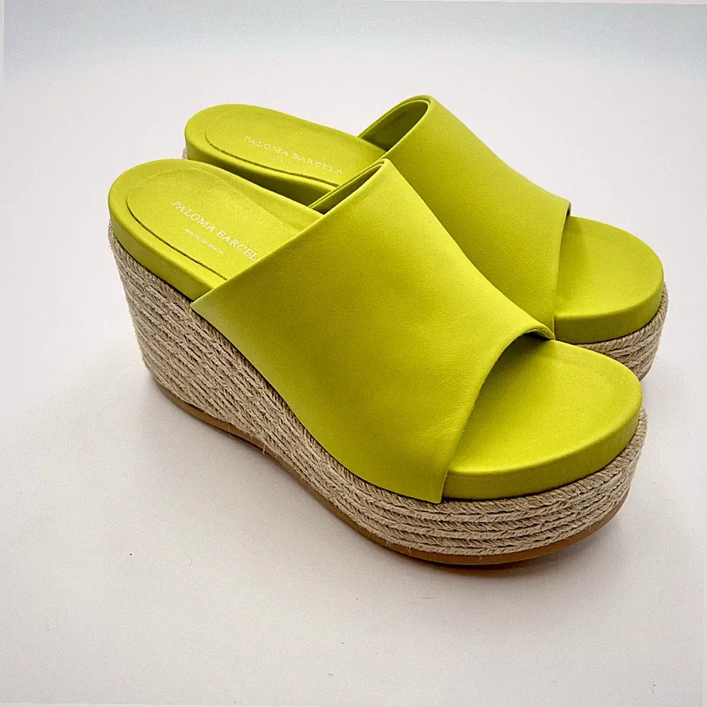 Selene Kordel Sandalen Paloma Barcelò Leder Limettengrün Keilabsatz 9 cm Plateau 4 cm