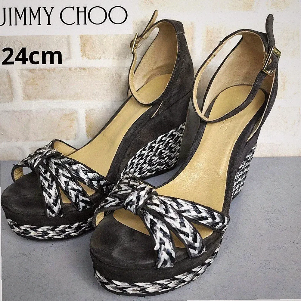 Seltene JIMMY CHOO Keilabsatz Sandalen Schwarz Grau Weiß Größe 37 US 6,5 EU 37