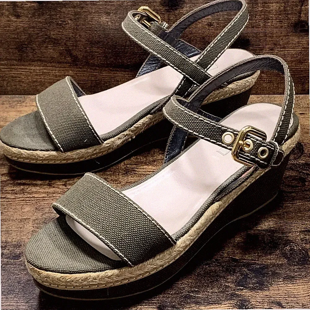 Seltene Miu Miu Keilabsatz Sandalen Olivgrün Canvas Espadrille Größe 36 US 6