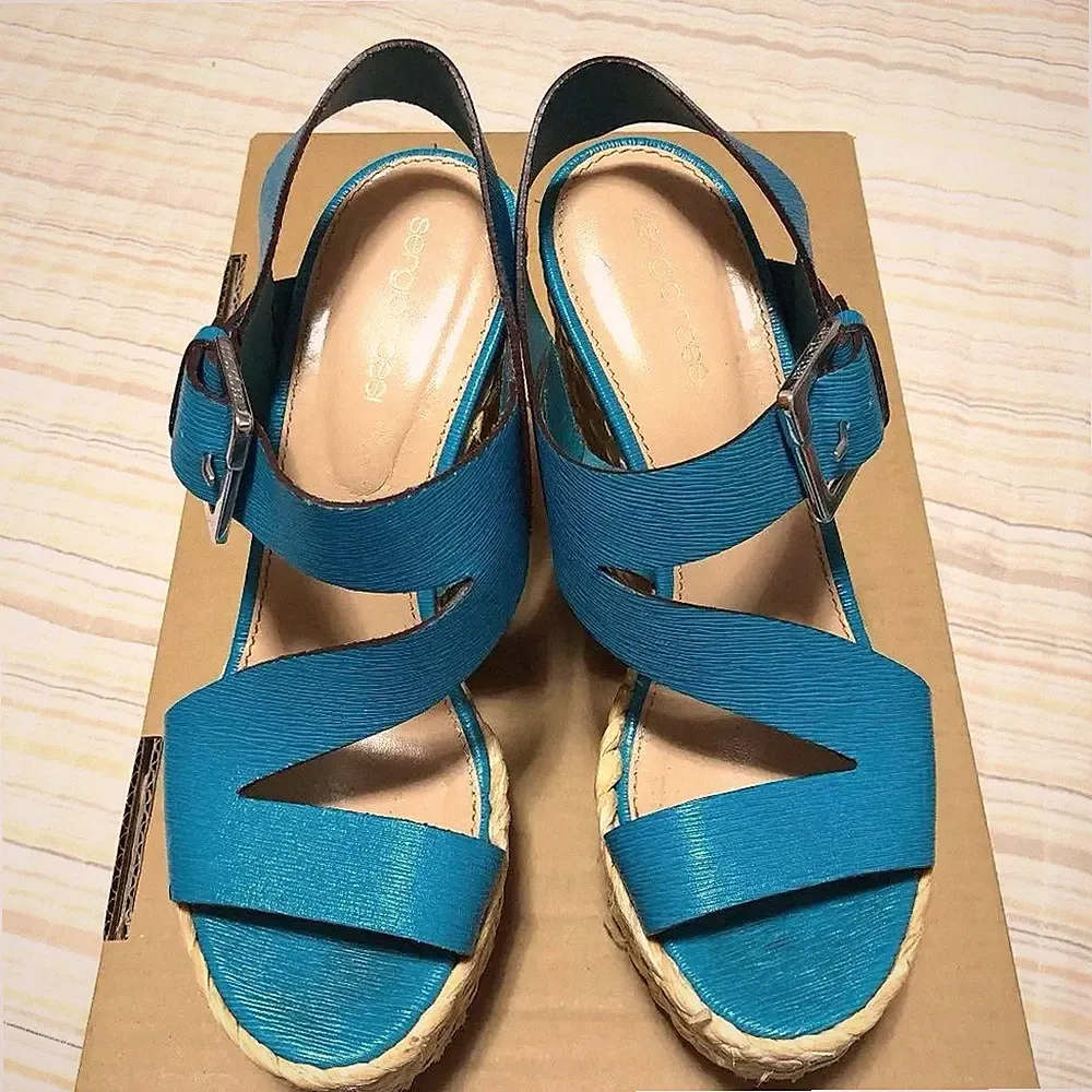 Seltene Sergio Rossi Keilsandaletten Damen Größe 37 Blau Leder Absatz 12 cm