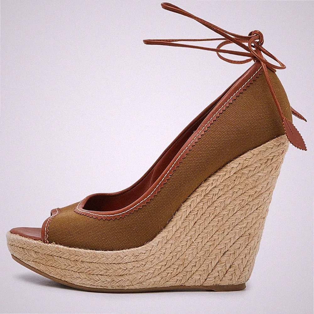 Sergio Rossi braune Canvas Espadrille Keilabsatz Knöchelriemen Sandalen...