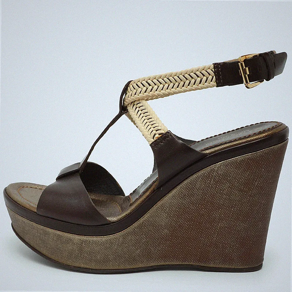 Sergio Rossi Sandalen Größe 41 braun Leder und Seil Keilabsatz