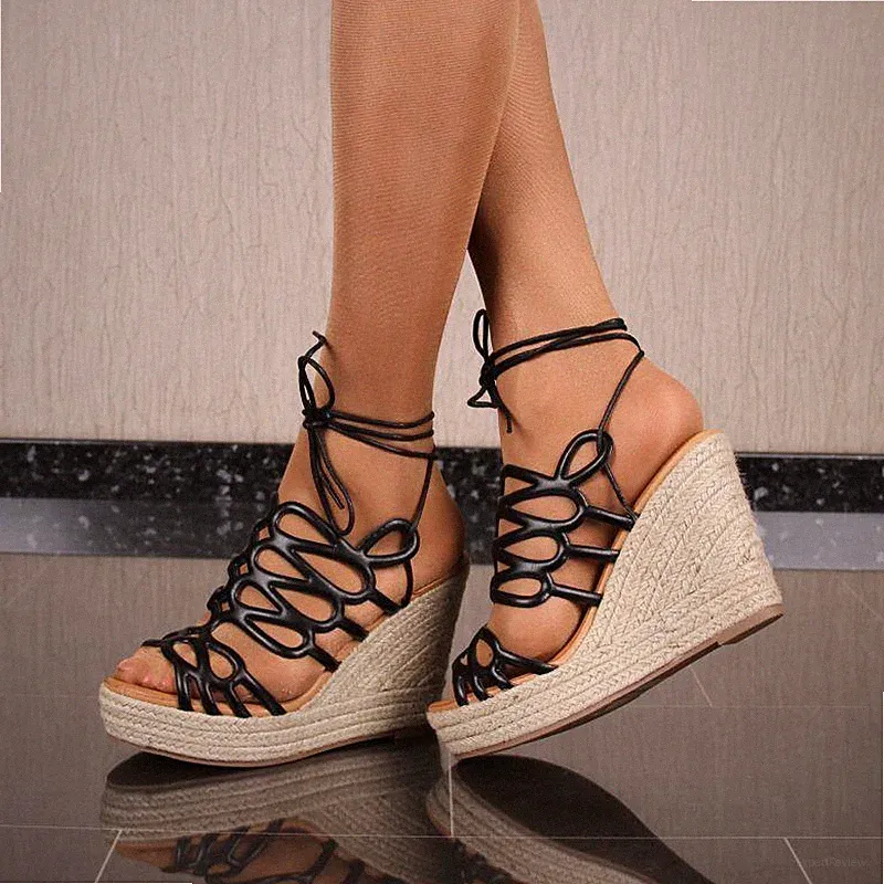 Sexy Damen Keilsandaletten Wedges mit Bastabsatz Schwarz #JDY27A-17