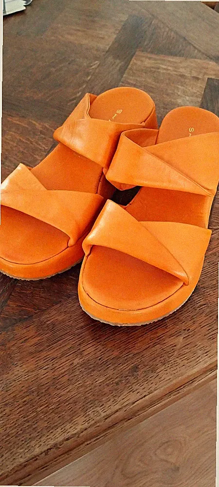 Shaddy Damen Sandalen Mules Orange Leder Keilabsatz Slip-On EU 36