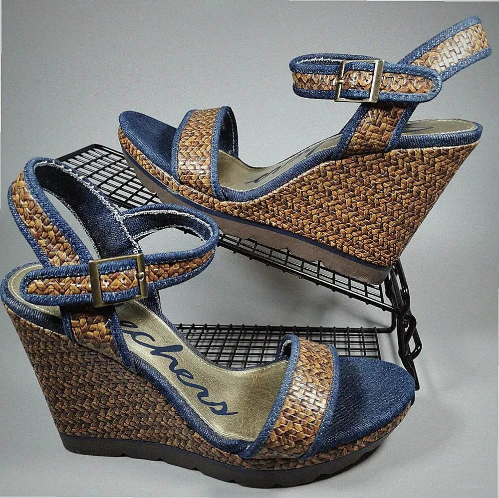 Skechers Damen-Sandalen UK 7 jeansblau Keilabsatz Plateau Fersenriemen