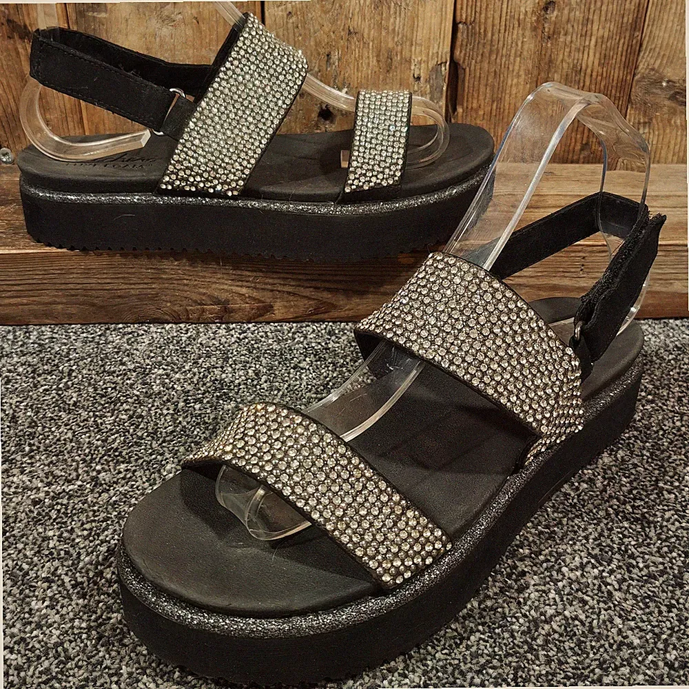 Skechers Luxe Foam Plateau Sandalen UK 5 Schwarz Strass Slingback 31738
