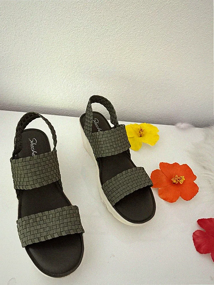 Skechers Sandalen Keilabsatz Memory Foam mittel Slip-On Riemchen grün weiß 41