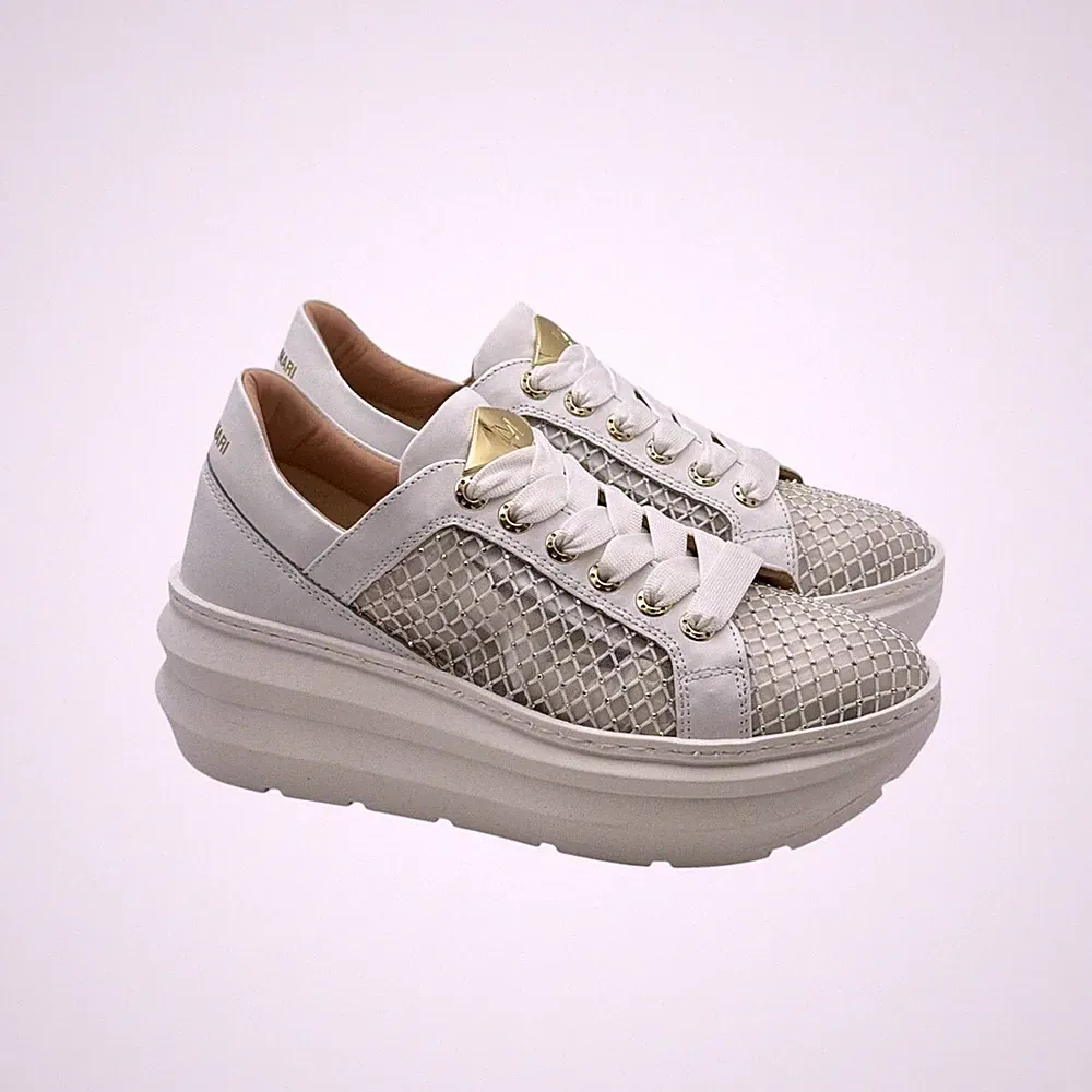 Sneakers Lorenzo Mari In Netz Strass Weiß Und Keilabsatz 6 Cm Art. Ines